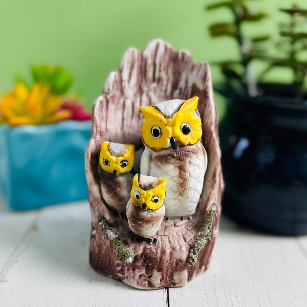 Vintage 1970s Porcelain Owl Family Tree Figurine Fall Decor Autumn